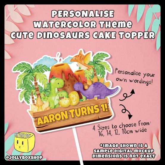 Personalise Watercolor Theme Cute Dinosaurs Cake Topper for Baby Shower