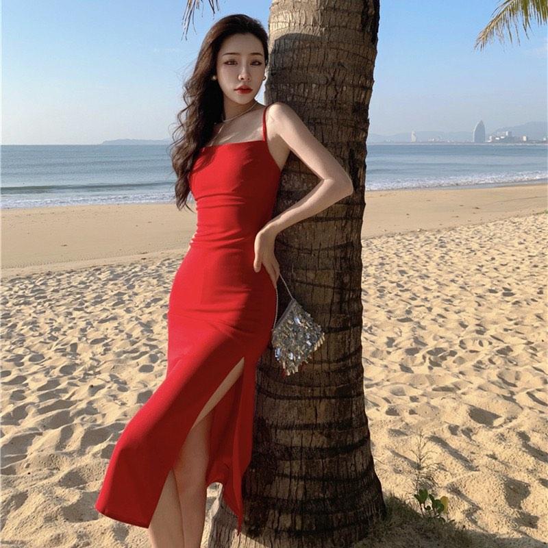 Red midi dress outlet with slit