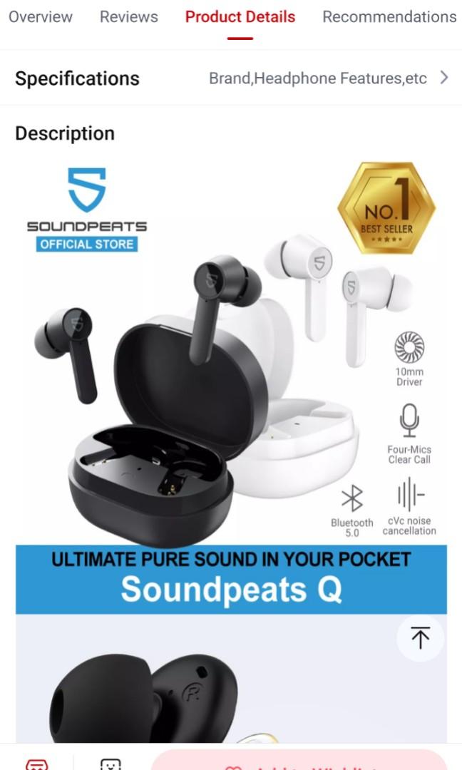SoundPEATS Q True Wireless Earbuds Bluetooth 5.0 Headphones in Ear Stereo Earphones with 4 Mic 10mm Driver Wireless Charging Premium Sound Touch Control Single Twin Mode 21 Hours Audio Earphones on Ca...