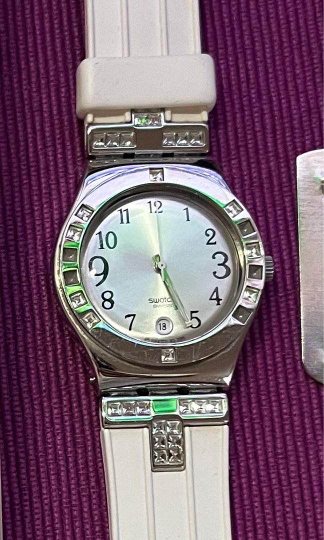 Swatch Irony YLS430 Fancy Me (Category: Women's Watches) located in Makati City. Submitted by eric103 (Listing ID 1159679413, Image 3). Description: Swatch Irony quartz white rubber strap with crystals Newly replaced battery- May 2022 Dial color- Grey Minor issues Light scratches due to usage Missing 5 crystals in the bezel ( does not affect watch performance).
