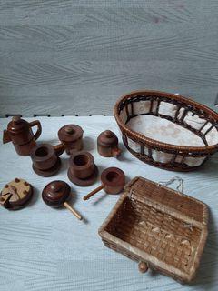 Wooden toy or decor vintage rare tea party picnic basket small