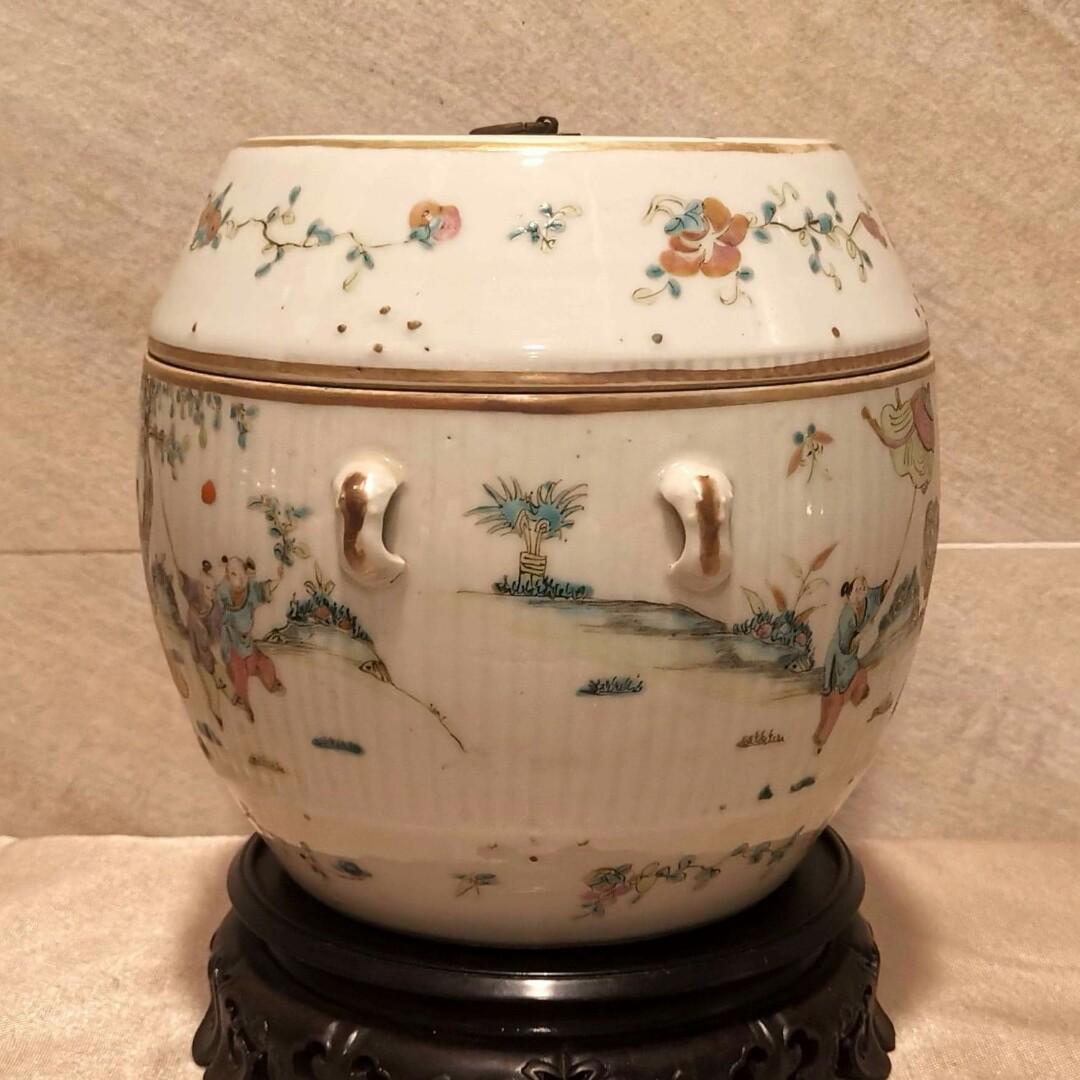 清 同治 粉彩茶罐 中国 古美術 大清同治年制茶叶罐粉彩人物故事图瓷罐仿古瓷器摆件大号铜环盖罐古董