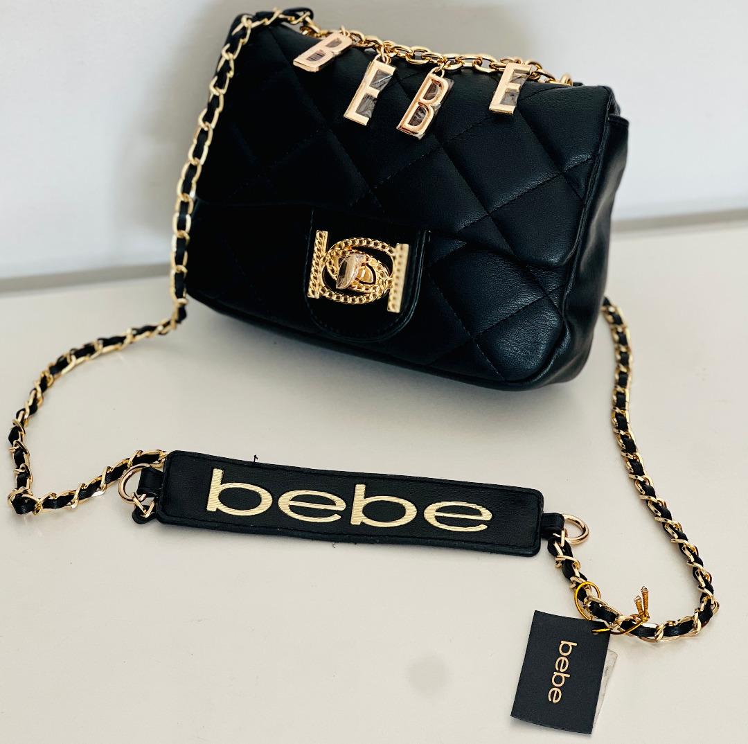 BEBE BLACK GOLD LOGO WYATT QUILTED CROSSBODY SLING CAMERA BAG PURSE 89 SALE Women s Fashion Bags Wallets Cross body Bags on Carousell