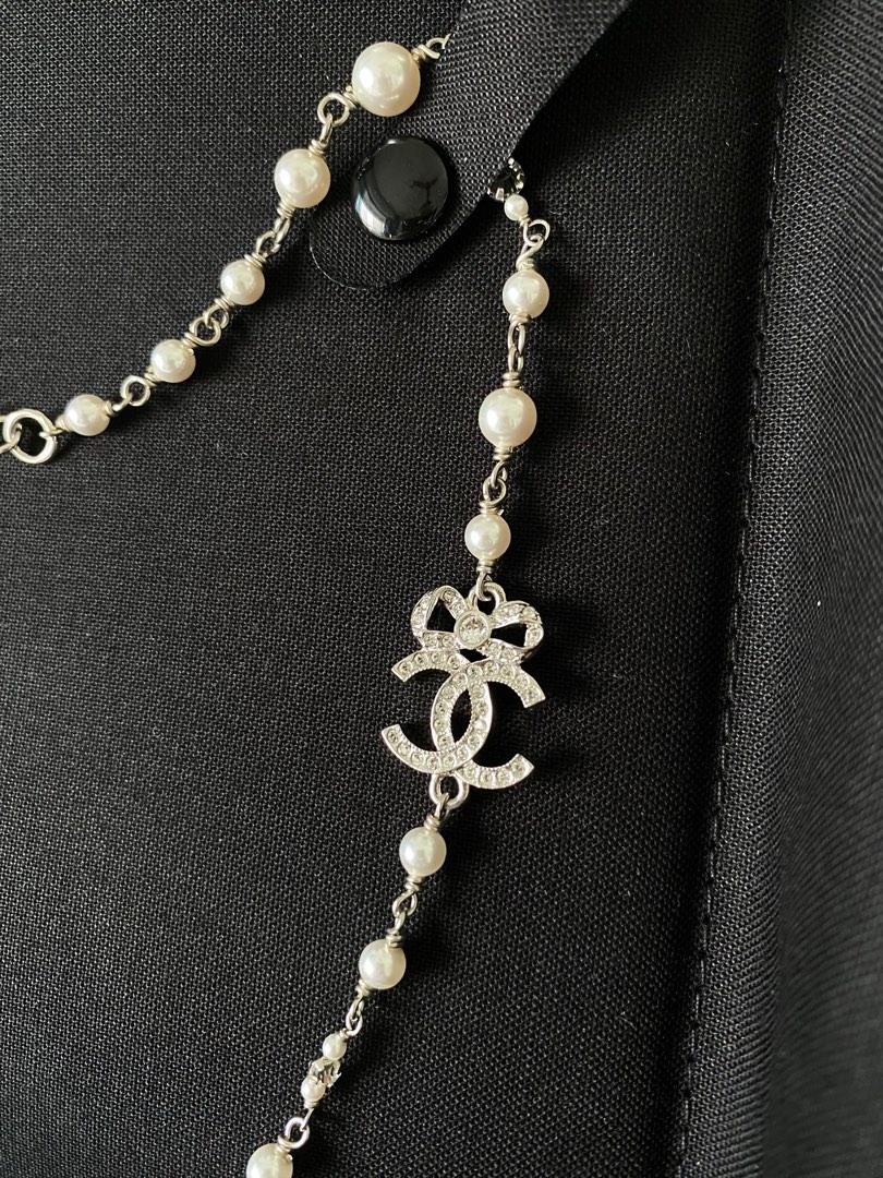Chanel Silver Metal, Metallic Silver Lambskin, Grey Strass & Grey Imitation  Pearl CC Pendant Necklace, 2017 Available For Immediate Sale At Sotheby's