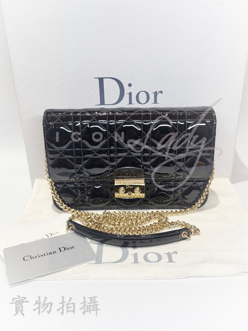CHRISTIAN DIOR Miss Dior Promenade 黑色漆皮藤格紋縫線淺金鏈肩背袋 