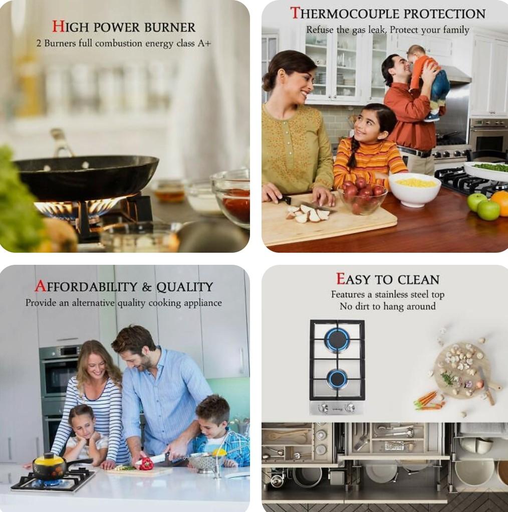 12" Builtin Gas Cooktop, GASLAND Chef GH30SF 2 Burner Gas Hob, 12 Inch