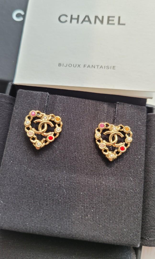 Chanel Gold Cc Chain Heart Stud Earrings Metal with Faux Pearl and