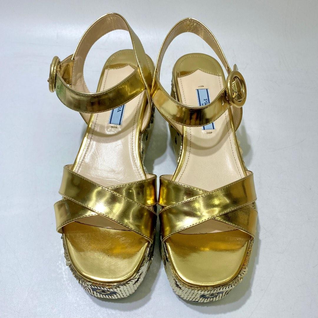 PRADA GOLD LEOPARD SEQUIN WEDGES 227017747 Women s Fashion