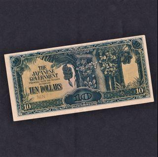 *PRINTING ERROR* 1942 10DOLLARS MALAYA JAPANESE OCCUPATION WWII DUIT LAMA, BLOCK MN (TAC001886), EF