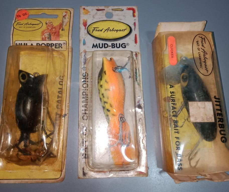 Vintage Fred Arbogast Hula Popper Jitterbug Mud Bug Fishing Lures