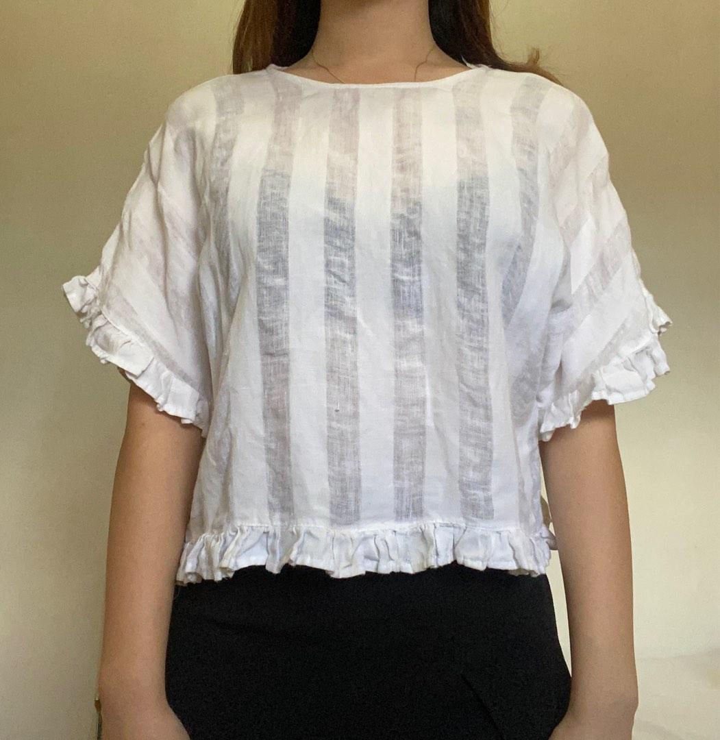 Zara white linen top, Women's Fashion, Tops, Blouses on Carousell