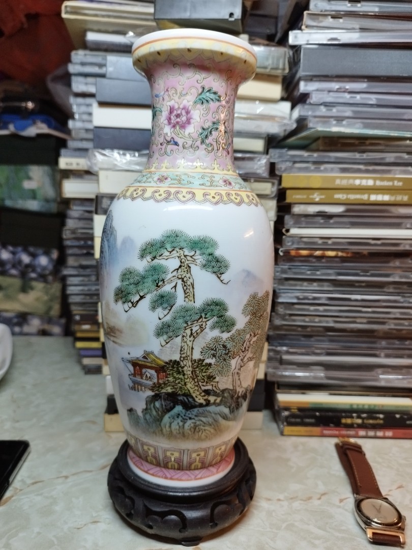 中古】 中国美術 古玩 煨瓷 山水 風景 人物 花瓶 花生 花器 陶芸