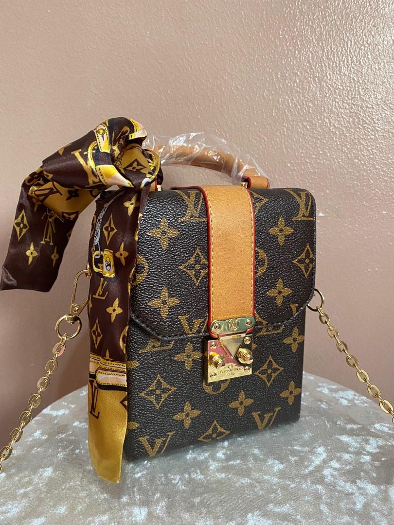 Box type chain sling bag with twilly, Women's Fashion, Bags & Wallets