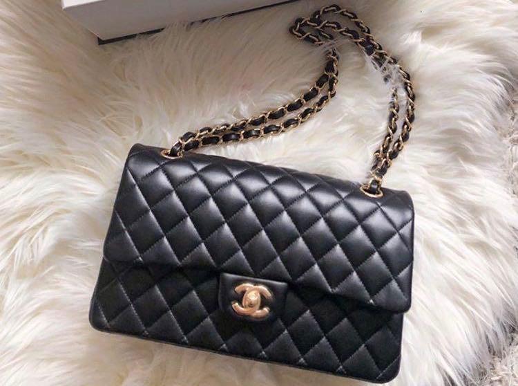 CHANEL 2.55 CLASSIC DOUBLE FLAP JUMBO BLACK LAMBSKIN WITH GOLD