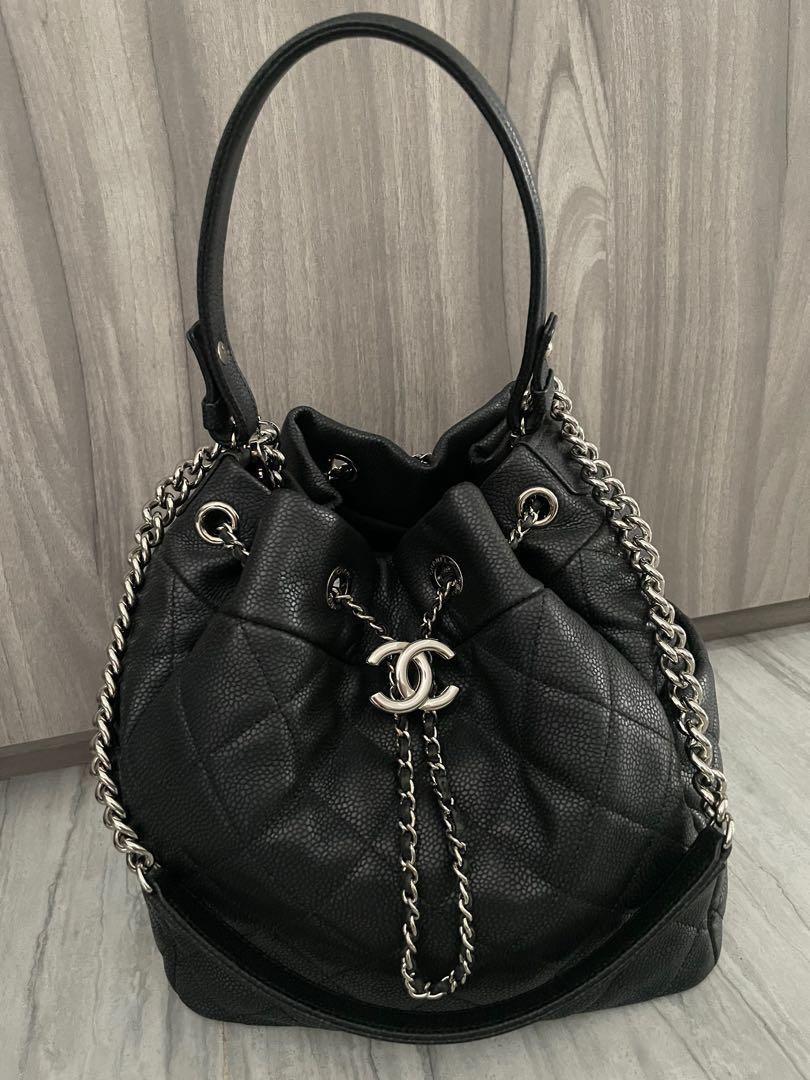 CHANEL Caviar Quilted Rolled Up Bucket Drawstring Bag Black