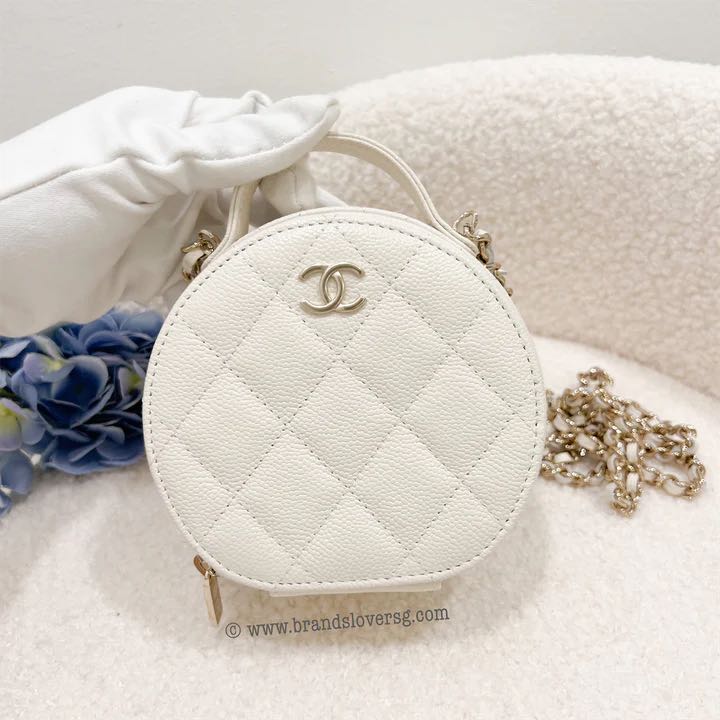 Chanel Round Mini Vanity with Chain in White Grained Calfskin