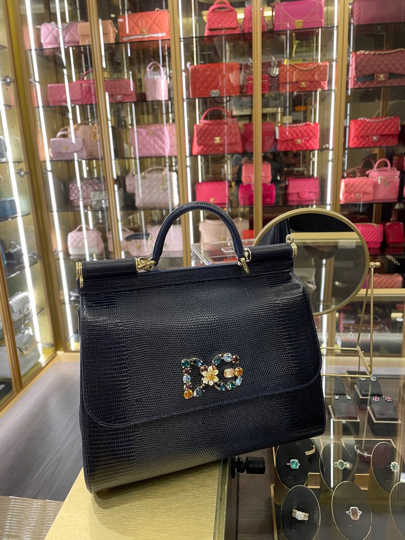 Dolce & Gabbana Small Iguana Print Calfskin Sicily Bag With Crystal Dg Logo  Patch in Blue