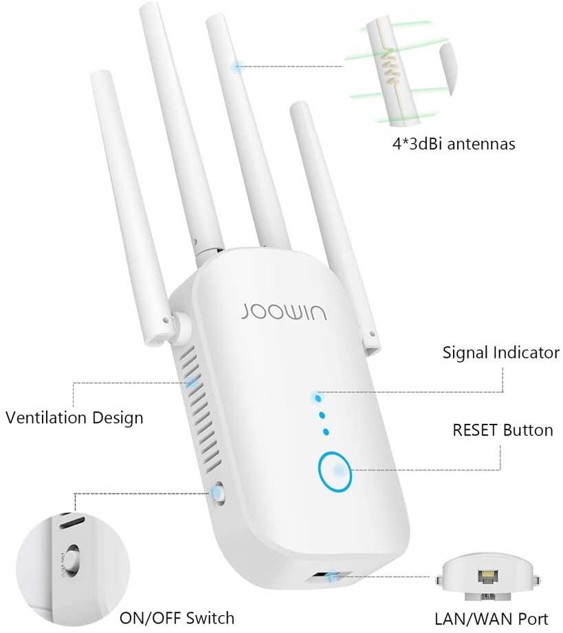 JOOWIN WiFi Extender AC1200 WiFi Range Extender 2.4GHz & 5.8GHz Dual Band Wireless Signal Booster WiFi Repeater with Ethernet Port， Extend WiFi to Whole Home & Smart Devices 