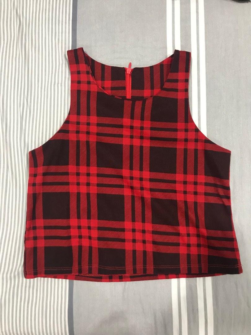 Red checkered crop top, Women's Fashion, Tops, Sleeveless on Carousell