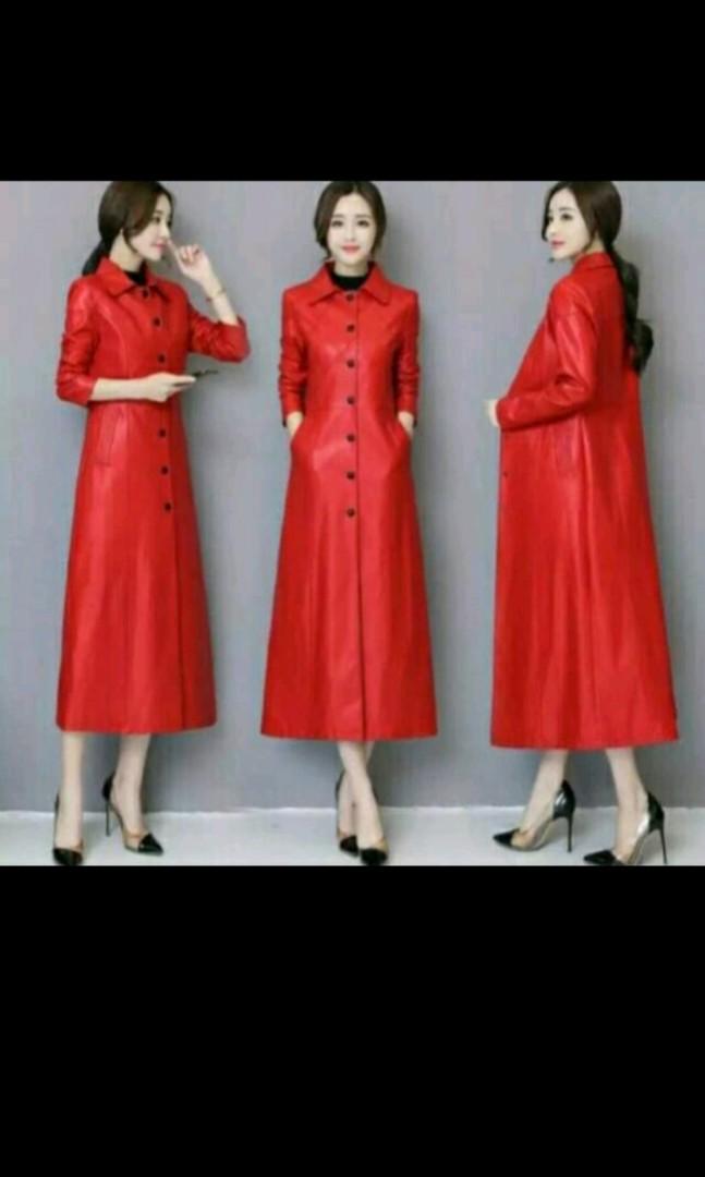 Red leather long 2025 jacket