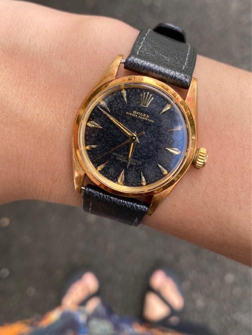 Vintage Rolex 18k Solid Gold Boy Size Ladies Ref. 6548 Black Gilt