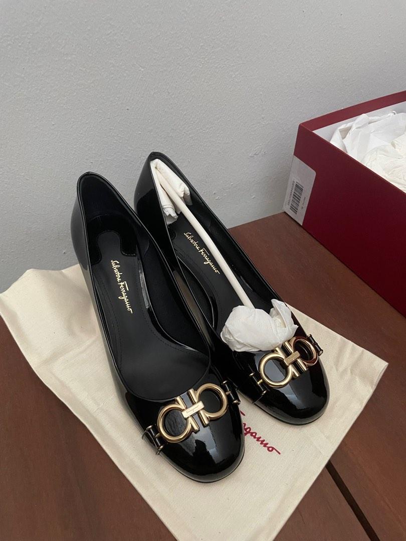 BNIP Ferragamo Black Gancini Block Heel, Women's Fashion, Footwear