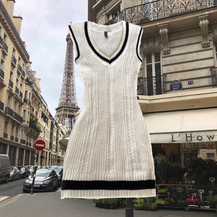 H&M Cable Knit Sweater Fitted Dress White Ivory Petite Light Academia Gilmore Girls Aesthetic