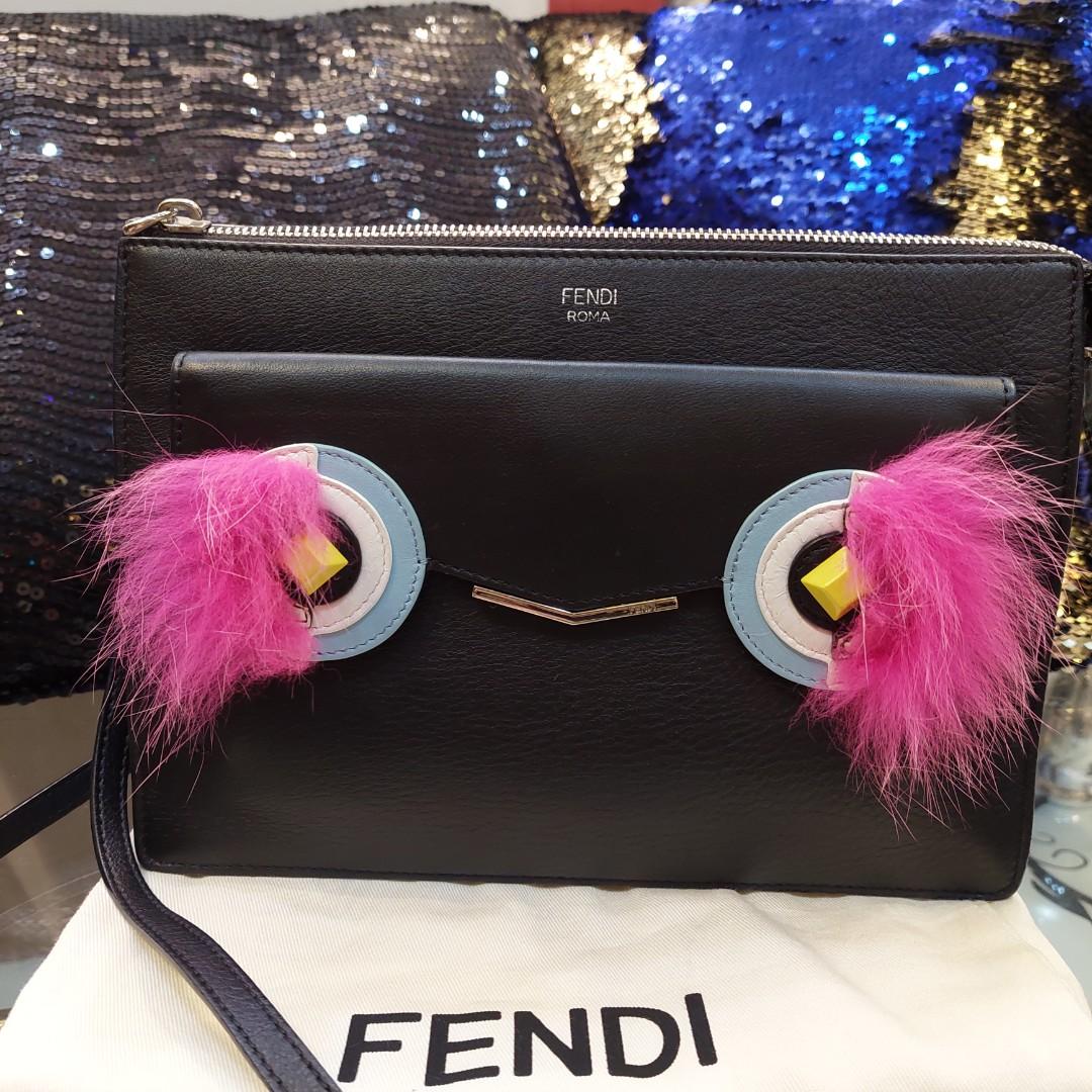 Fendi Off White/Brown Leather and Watersnake Leather Monster Eyes Zip Pouch  - ShopStyle Clutches