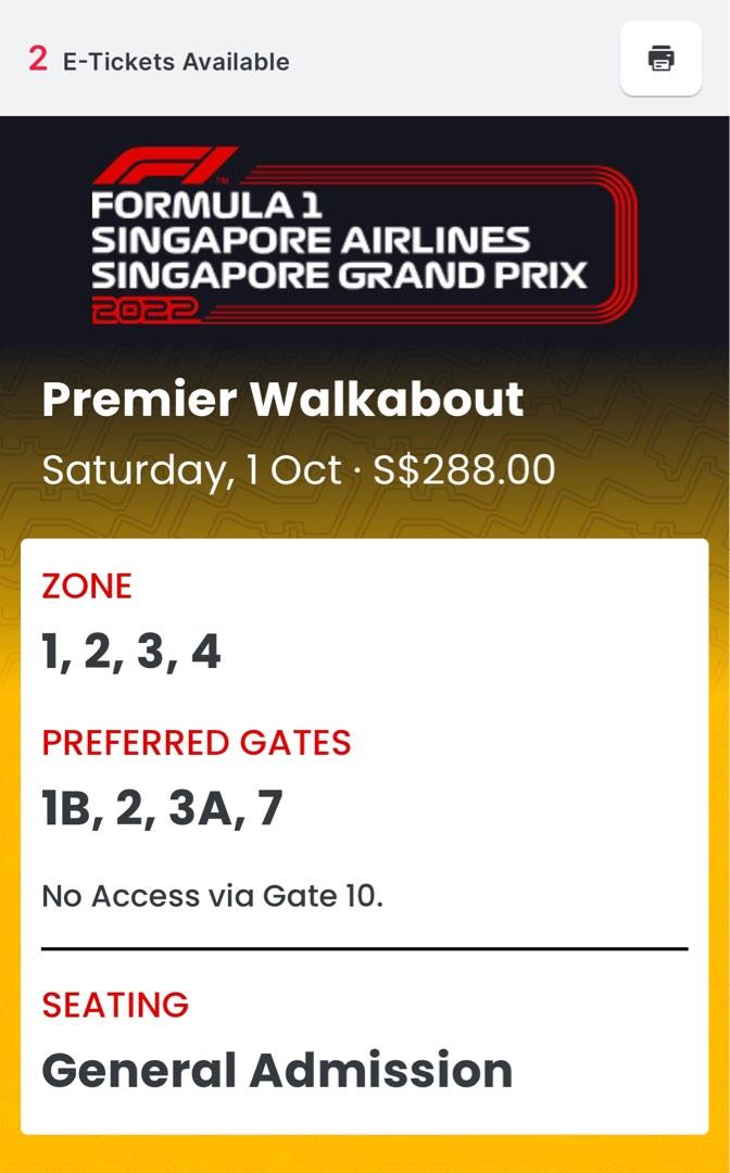 Formula 1 (F1) Singapore GP 2022 Premier Walkabout Tickets, Tickets
