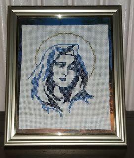 HANDMADE CROSS STITCH WITH BLESSED VIRGIN MARY DESIGN MOUNTED ON A GOLD METAL FRAME