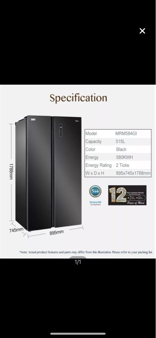 Midea side by side Fridge, TV & Home Appliances, Kitchen Appliances