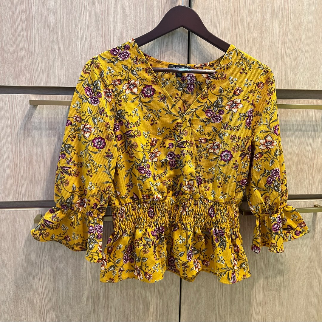 Moa Moa Smocked Yellow Floral Long Belle Sleeves Vneck Top Women s moa-moa-smocked-yellow-floral-long-belle-sleeves-vneck-top-women-s