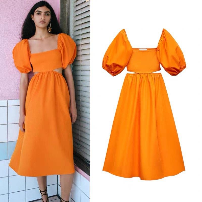 zara orange puff sleeve dress
