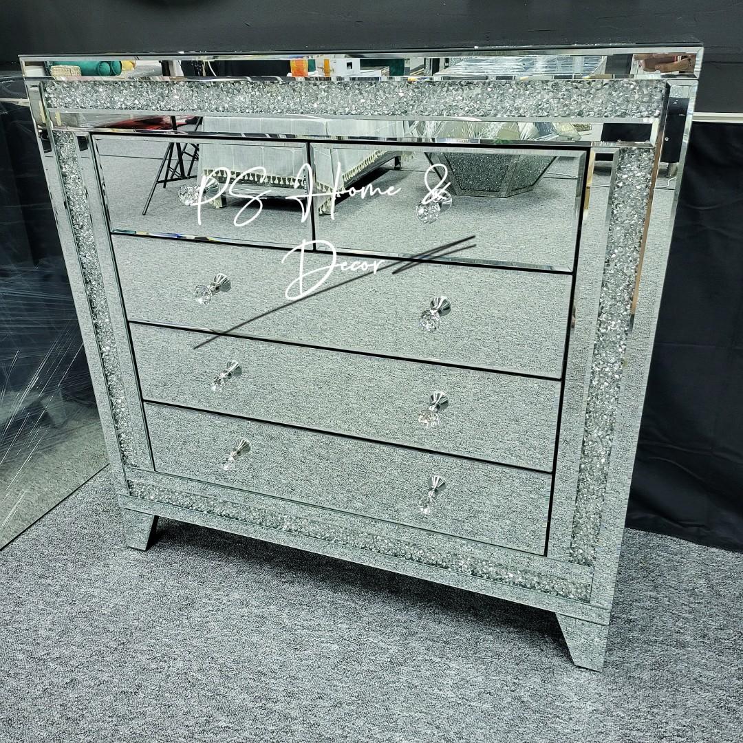 IN STOCK Sparkly Mirrored 5 Chest of Drawers in Crushed Diamond Insets Silver