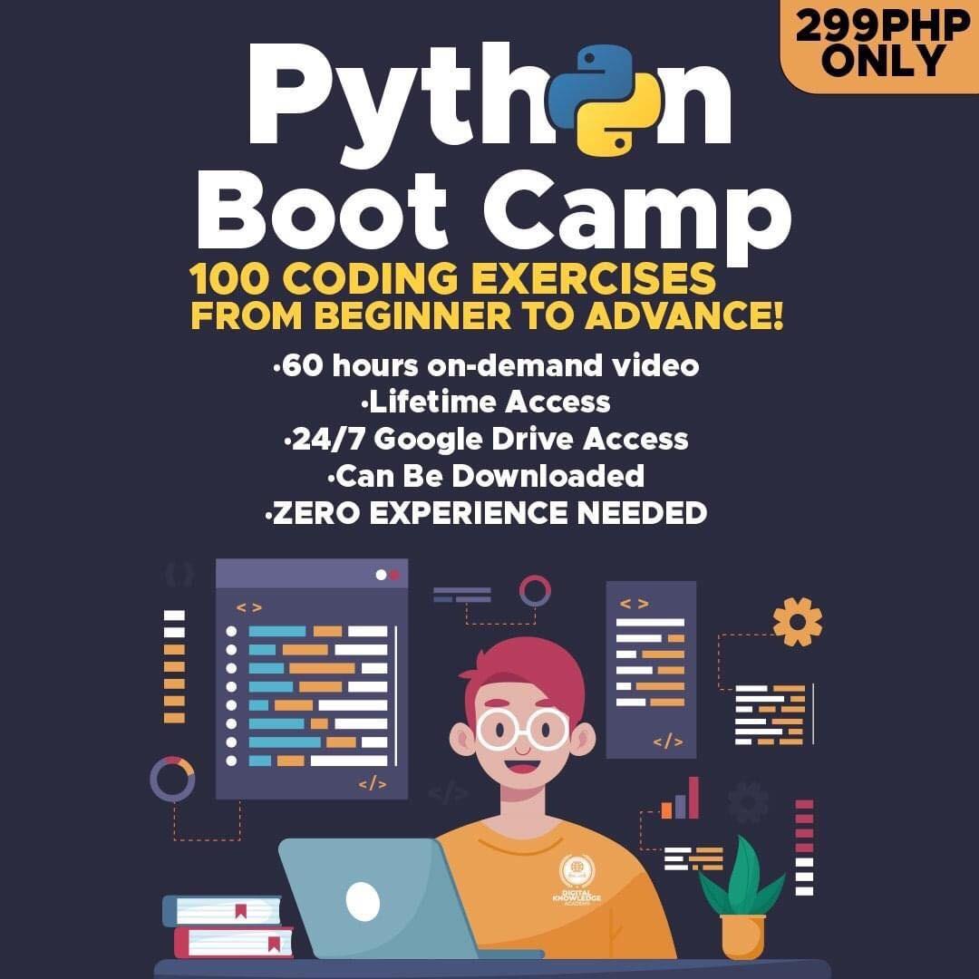 Python Bootcamp (Beginner To Advance) (Category: Textbooks) located in Cavite. Submitted by kitkat.phonecardust (Listing ID 1186088228, Image 1). Description: Learn how to 𝐂𝐨𝐝𝐞 𝐏𝐲𝐭𝐡𝐨𝐧 For 𝐨𝐧𝐥𝐲 𝟐𝟗𝟗PHP! 💻 Visit My Public Profile 💻 🔹 My Facebook : https://www.facebook.com/kitkat.poncardas 🔹 My Website : https://keithponcardas.netlify.app/ Become a Python Programmer and learn one of employer's most requested skills of 2022! This 