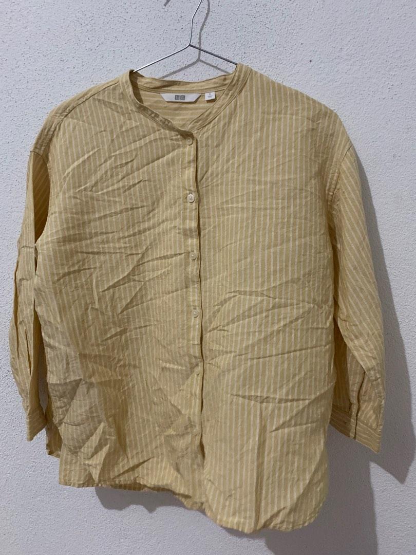 Linen Blend Band Collar 3/4 Sleeve Shirt