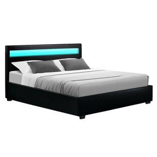 Artiss Cole LED Bed Frame PU Leather Gas Lift Storage – Black Queen