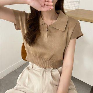 Brand new Khaki Collar V Neck Basic Knitted Wear Short Sleeve Top