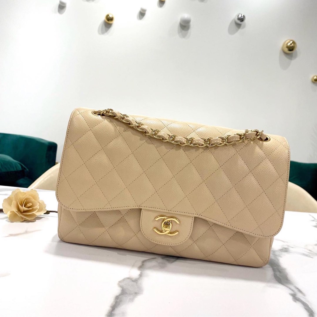 Chanel Beige Caviar Jumbo Classic Double Flap Bag