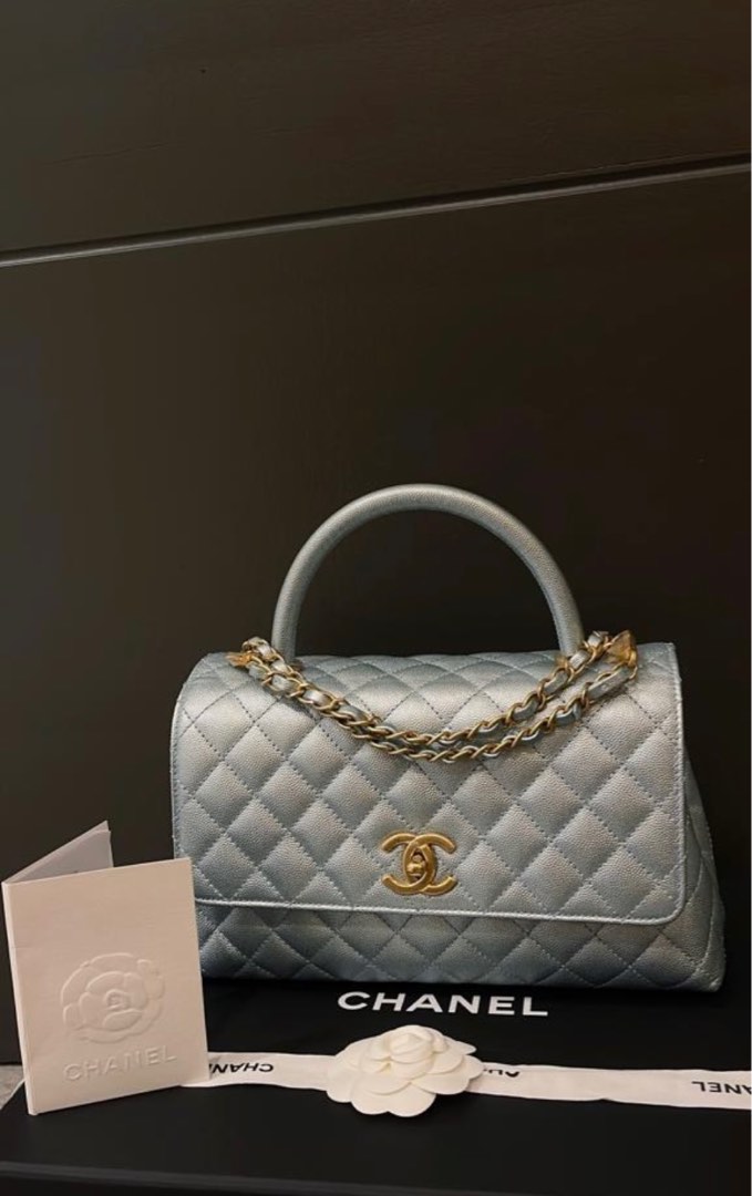 chanel coco handle medium Metallic blue, Luxury, Bags & Wallets on
