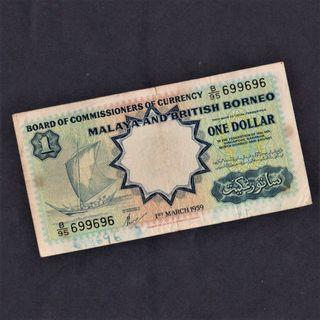 *FANCY NUMBER* 1959 1DOLLAR MALAYA & BRITISH BORNEO DUIT LAMA, B/95 699696, F
