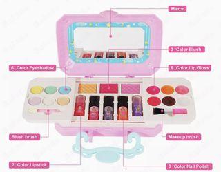 Make-up set for girls, includes a very nice pink princess designed hard plastic make up bag with mirror, water soluble nail polish, 3 color blush, 6 color lip gloss,  2” colorLipstick, 6 color eyeshadow, make up brushes