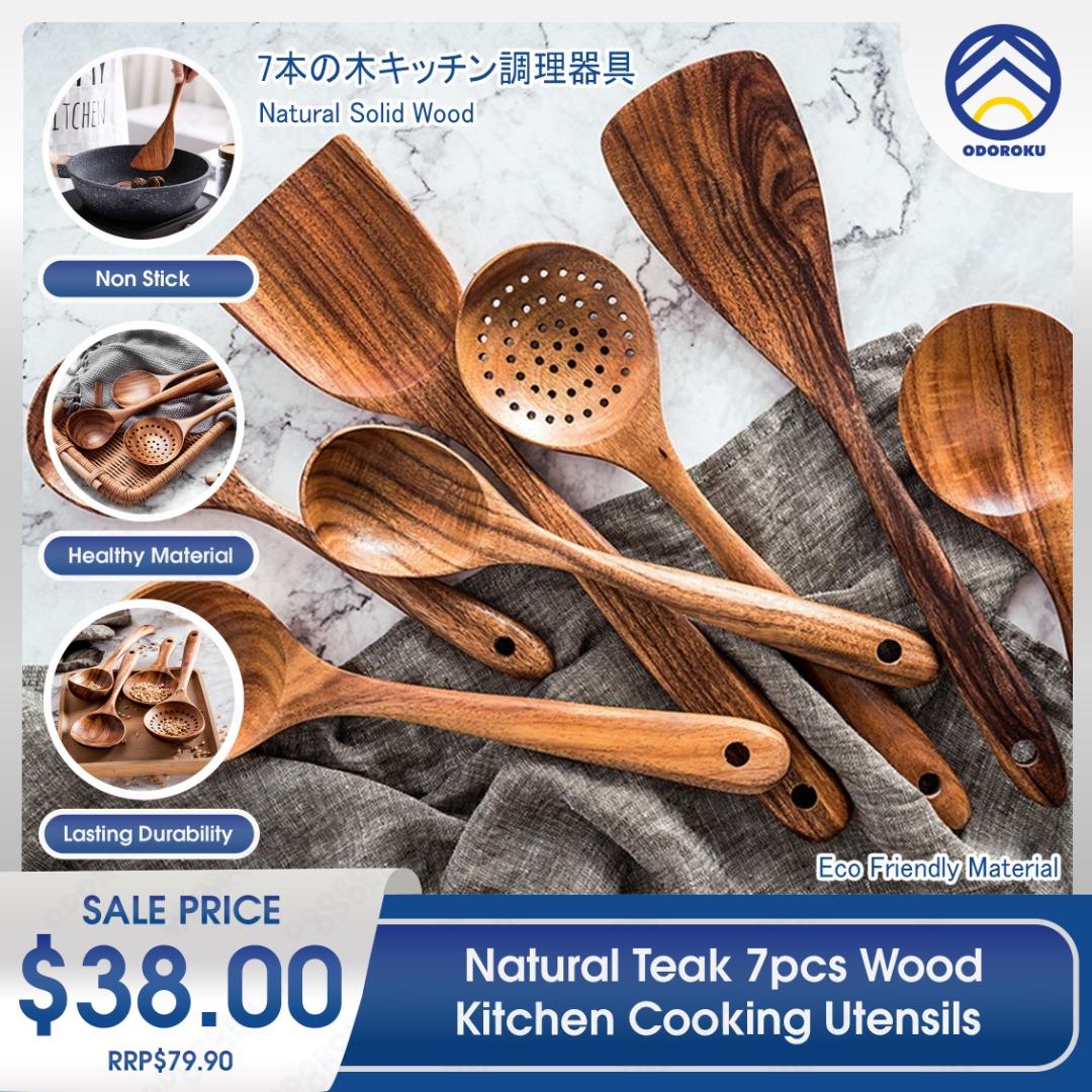 ODOROKU 7pcs Wooden Cooking Utensils Kitchen Utensils Set with Holder & Spoon  Rest Teak Wood Spoons and Wooden Spatula for Cooking, Nonstick Natural and  Healthy Kitchen Cookware Durable, Furniture & Home Living