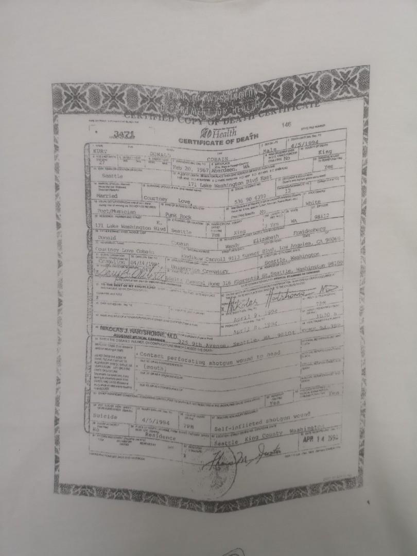 Rare Vintage 1994 Kurt Cobain Death Certificate Tshirt Men #39 s Fashion