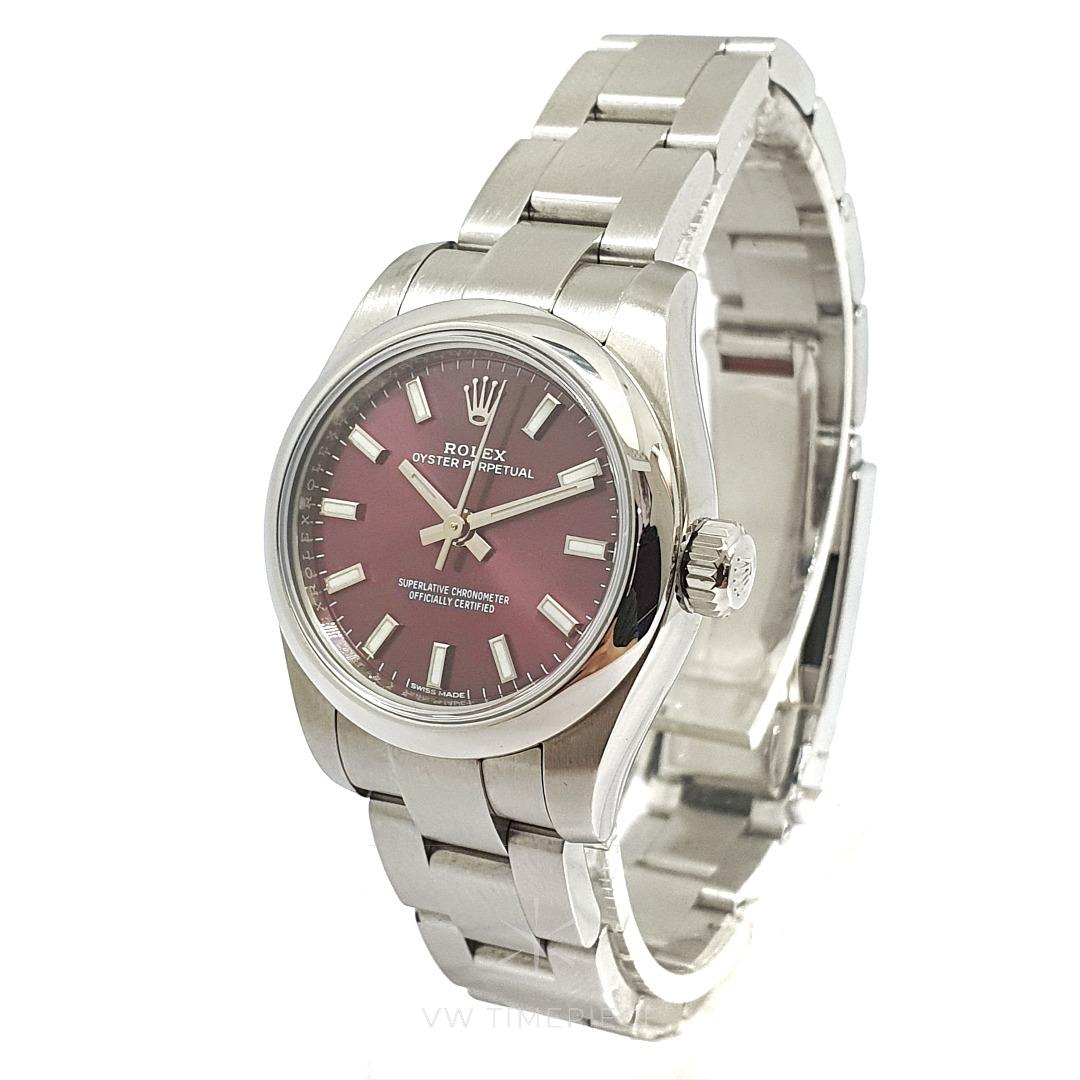 Rolex Oyster Perpetual 26 Ref 176200 Purple Grape Dial (2019) (Category: Watches) located in Singapore. Submitted by vwtimepiece (Listing ID 1186136863, Image 3). Description: Rolex Oyster Perpetual 26 Purple (discontinued colour!) Comes with: tag and warranty card dated May 2019 (Singapore). No original Rolex box. 12 months in-store warranty for movement SKU: V1E Ref: 176200 Serial: AN Year: 2019 Dial: Sunburst 'Grape' purple dial (discontinued 