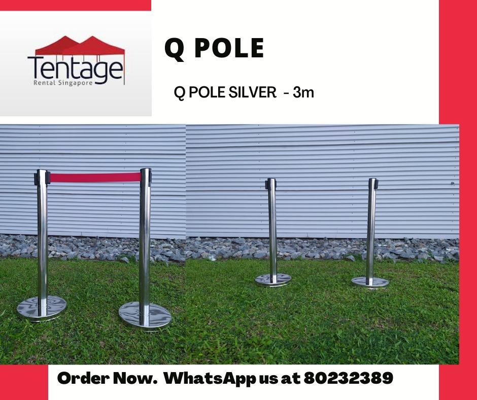 Silver Queue Pole (Category: Event & Party Services) located in Singapore. Submitted by tentagerentalsg (Listing ID 1043588317, Image 1). Description: Silver Queue Pole - (Rent/Purchase) -Good for crowd management and control -Safe distancing measures Specs: -Queue pole 3m length -Dimensions 900mm x 320mm Add on (extra cost): -Signage holder for informative purposes For Rental - $15/pc For Purchase - $45/pc Chat with us for more information We al