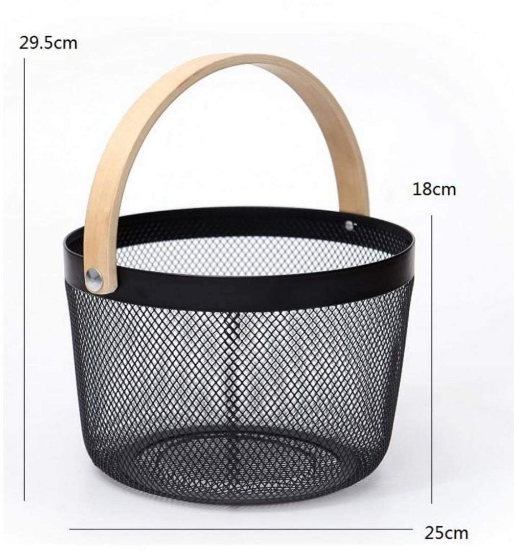 white round mesh basket with wood handle, Furniture & Home Living, Home