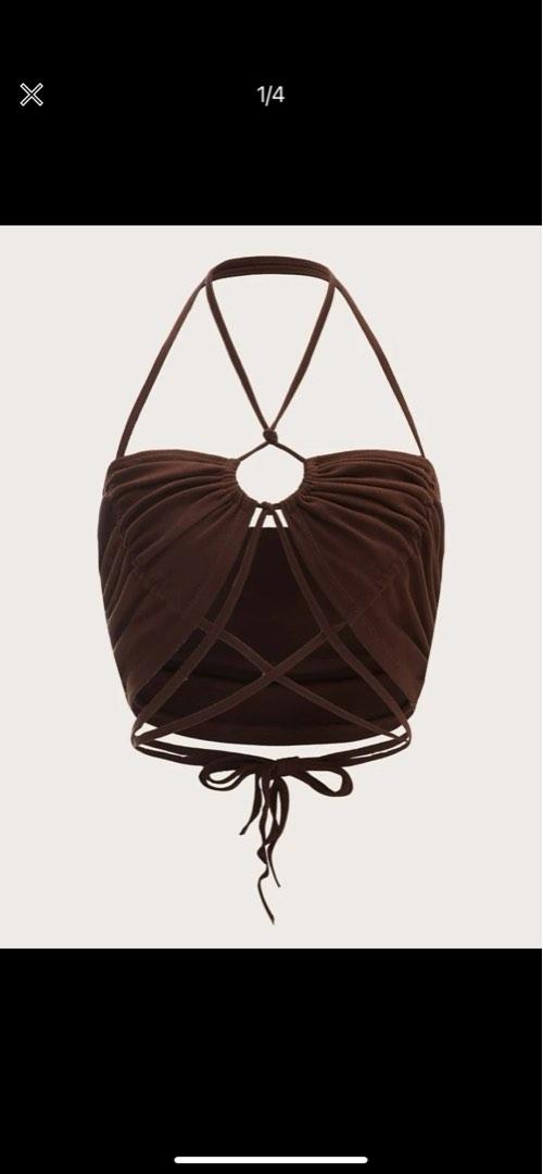 Verdusa Women's Y2K PU Leather Halter Crop Top - Criss Cross Backless Sleeveless Party Top