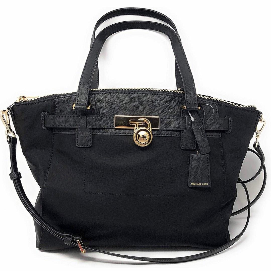 Authentic Michael Kors Hamilton Nylon Satchel Large Top Zip Shoulder Bag in black