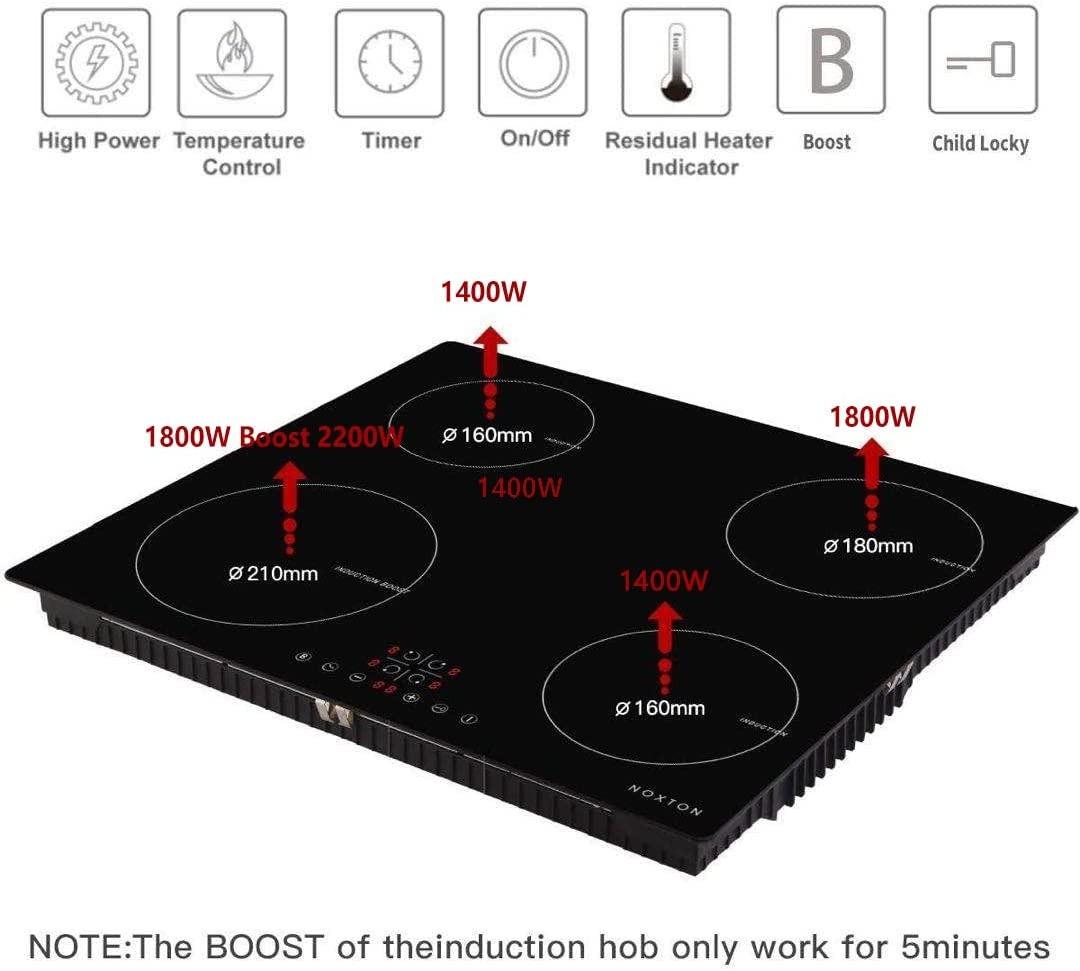[B2029] NOXTON 4 Zone Induction Cooktops with Boost, Builtin Black Glass Panel Electric Hobs